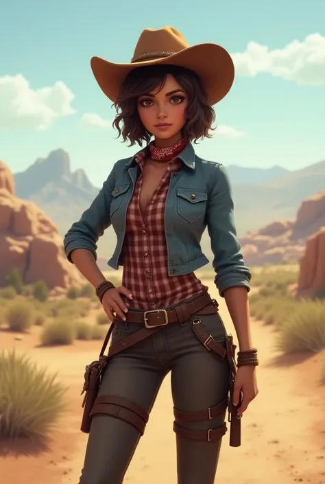  Girl with short wavy layered hair, medium height dressed as a cowgirl  