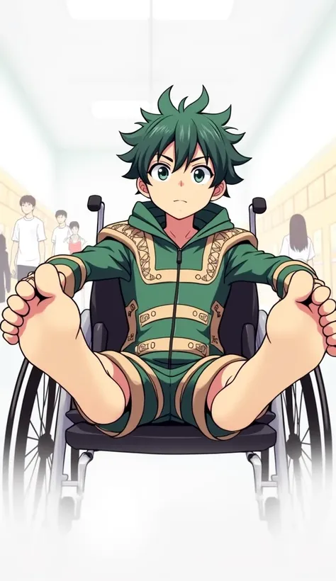 teenage boy in a wheelchair wearing an izuku suit, showing her feet, At school 2D anime-type art 