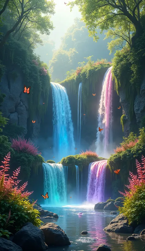 "A magical forest with many small, colorful waterfalls cascading down mossy rocks and cliffs. Each waterfall has a different color, including shades of blue, pink, purple, and green, creating a rainbow effect. The waterfalls are surrounded by bright flower...