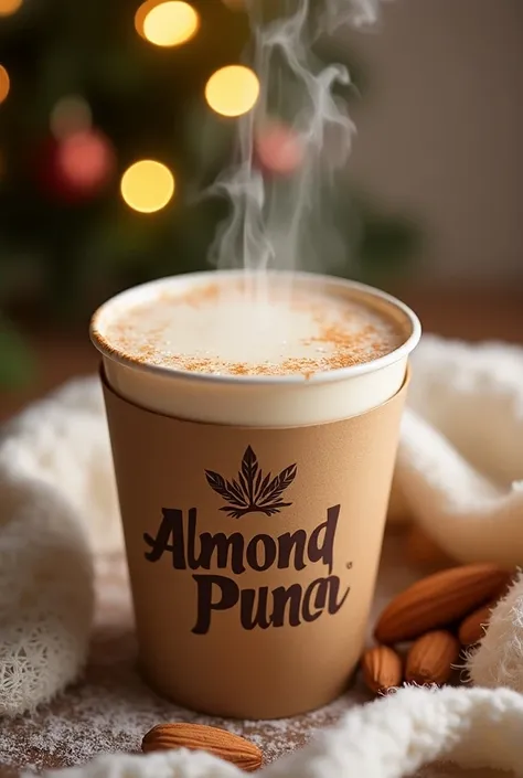 Hot almond milk in a cardboard cup with the brand "Almond Punch " at Christmas.

