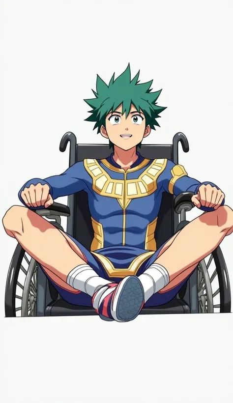 teenage boy in a wheelchair wearing an izuku suit, showing her feet, At school 2D anime-type art 