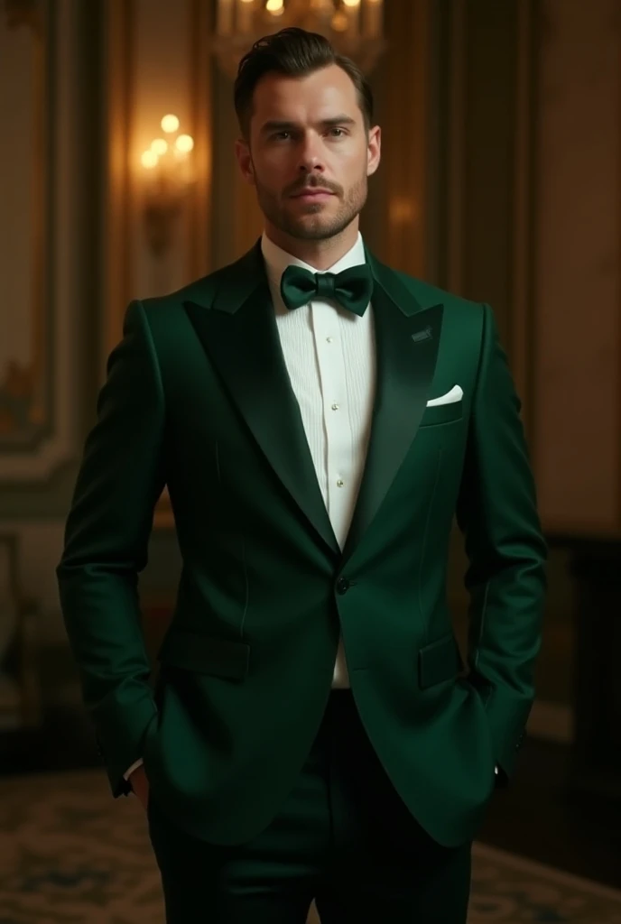 A man wearing a greenish tuxedo (with tie)