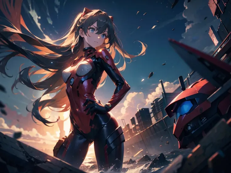 (masterpiece), Best quality expressive eyes, Perfect face, 1 Girl, Solitary, Soryu Asuka Rangra, Interface Headset, wearing a Full red EVA pilots combat suit, permanent, left hand on butt, right hand on chest, show your asshole, 
Figures without obstructio...