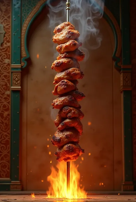 A large chicken shawarma skewer with fire and a decorated wall behind it