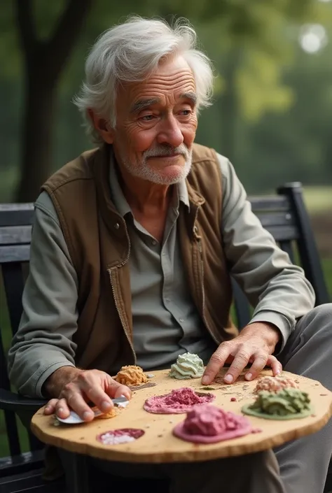 Old man with his well-marked factions eating an ice cream palette. A palette, not an ice cream, and one that looks realistic 
