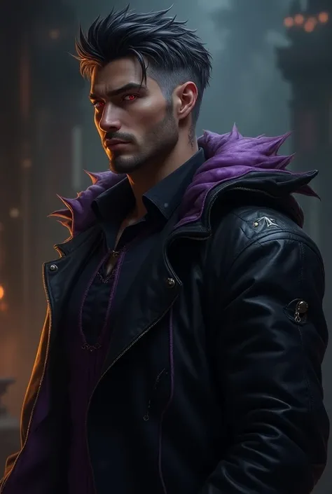 ((Male, goatee, Black hair, short hair, wolf haircut, adult, white skin, Red eyes, wolf hair cut, strands of hair over forehead, calm face, realistic, Strands of white hair,  , slight wrinkles, Imposing, very handsome,Leather overcoat, black clothes, athle...