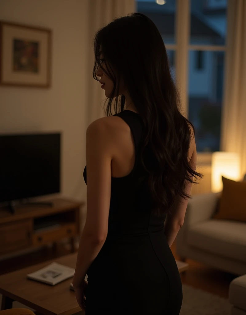 Photorealistic HDR 8K photography of a beautiful Japanese Woman wearing a black dress, she has a small breast ane dark long hair, scene is happening in a livingroom at night