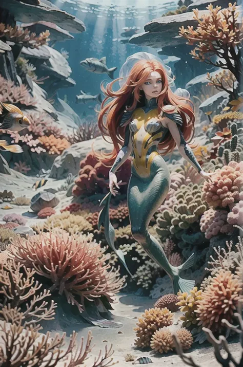 (masterpiece), (best quality:1.2), absurdres, [:intricate details:0.2], Under the sea, blue eyes, scales, a beautiful Little (Mermaid) swims gracefully with her bright red hair flowing behind her, surrounded by schools of colorful tropical fish, coral reef...