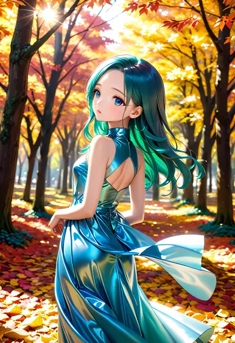 ((Autumn Forest Sunlight :1.5))、((Chibi:1.5)), ((((from Oblique back shot :1.5、From below:1.5)), back view:1.5, looking away)),  one girl playing pranks, ((Top Models:1.5))、Best Quality, masterpiece,  super high definition, (Realistic:1.4),  RAW Photos,  c...