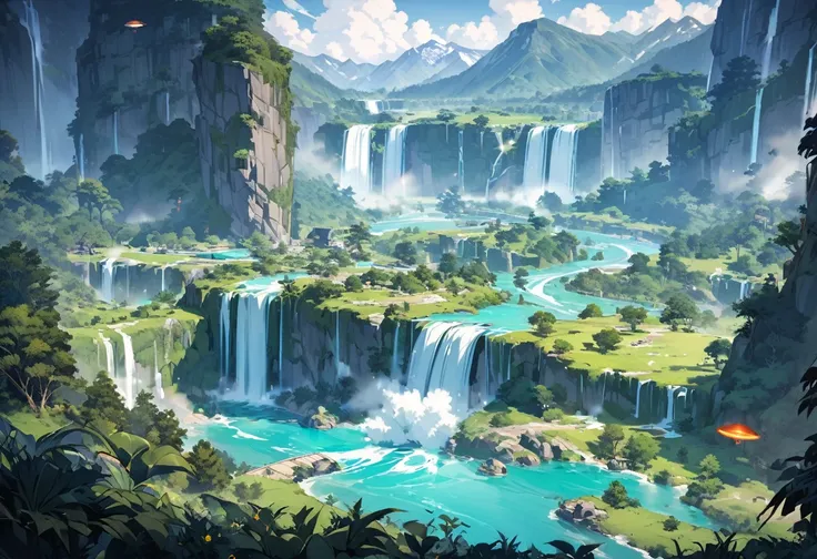 landscape. UFOs, Mountains, waterfall, a river, jungle.