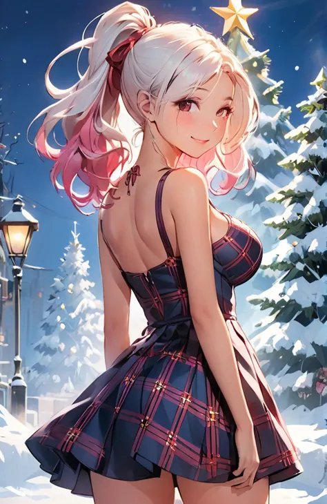 beauthfull　hypdertailed　pink gradient hair in a ponytail　smile　blush　breasts fed up with very short red tartan dress with white ...