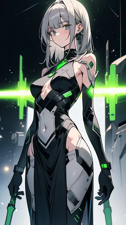 General open plane , full-bodied woman, gray hair,  shoulder-length hair.  She carries a spear of green light , ultra thin woman ,  woman who is too tall and hunched ,  clothing close to the body in a futuristic style,  her abdomen is bare . Overhead light...