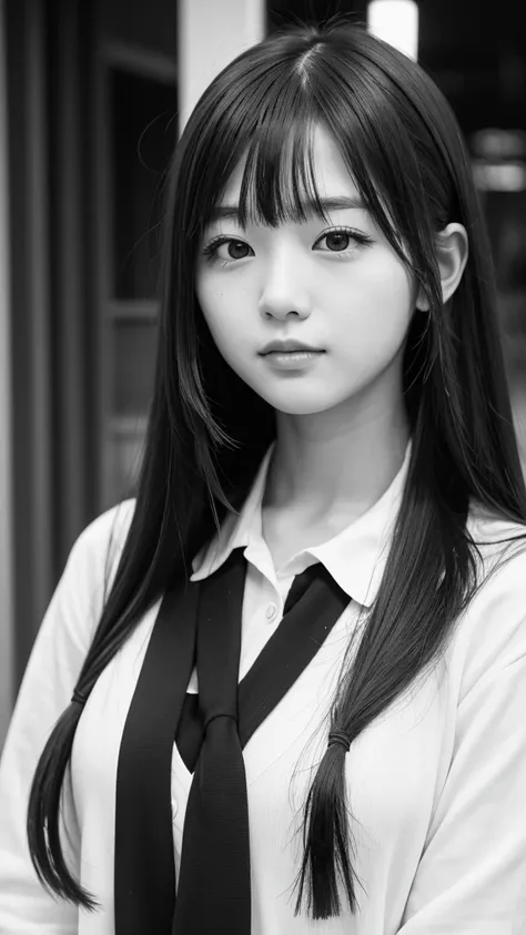 super beautiful face, japanese girl, upper body, long straight hair, high school student, real photo style,  school wear, station, white and black image, showa priod