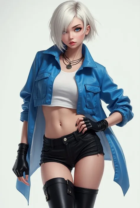 Short haired white girl wearing a short blue jacket and a short white shirt with black shorts and black gloves showing her fingers and with a tight collar and long black boots