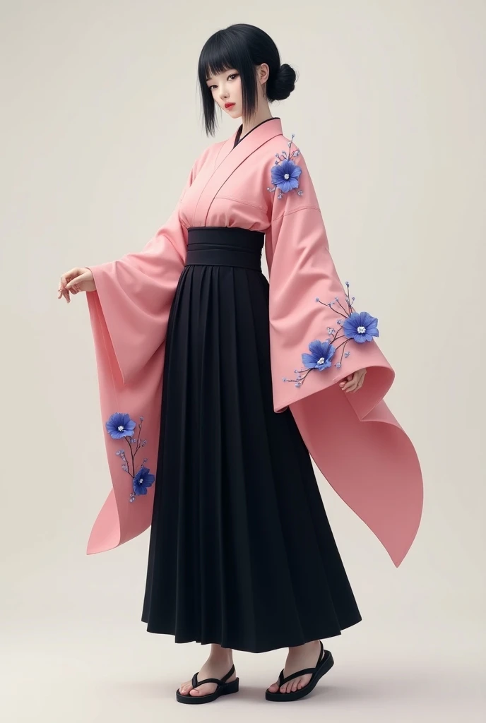 Create an image of a black Hakama and a pink kimono with several blue flowers on the sleeves using ( the flowers are on the kimono fabric are not real ) Geta with long sleeves . Showing from head to toe ( full body ) not anime style