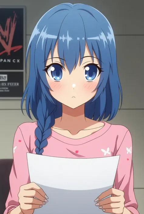 anime,  the face of a beautiful woman ,  short, braided blue hair , blue eyes, pink blouse with heart butterfly print, serious face, looking at a sheet of paper .  background of a room with a wrestling title on the wall. 