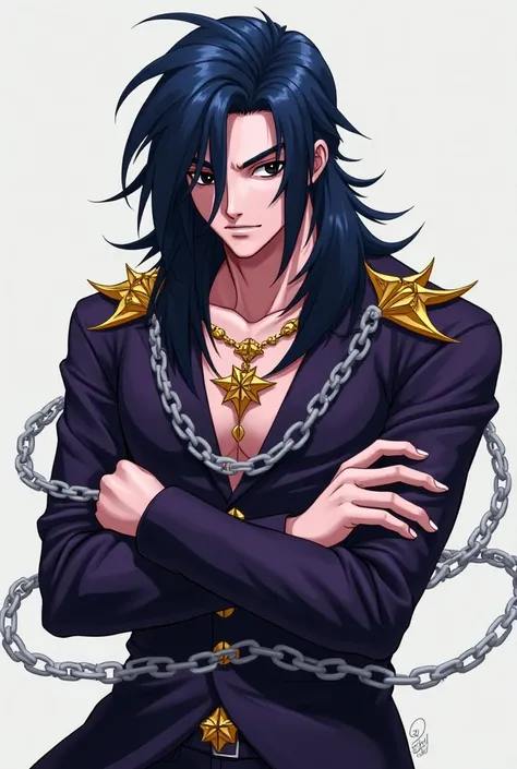 I would like you to create a man with long dark blue hair and light pink skin ,  dark purple clothes and pendant details on the shoulder and forearm close to the hand. The pendant is yellow star he has black eyes , He has gray chains around his body and I ...