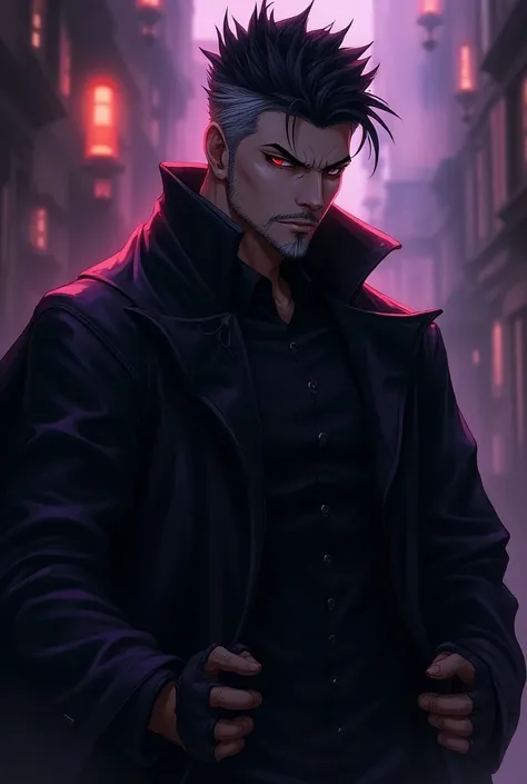 ((Male, goatee, Black hair, wolf haircut, adult, white skin, Red eyes, wolf hair cut, strands of hair over forehead, calm face, realistic, Strands of white hair,  , slight wrinkles, Imposing, very handsome,Leather overcoat, black clothes, athletic body, pu...