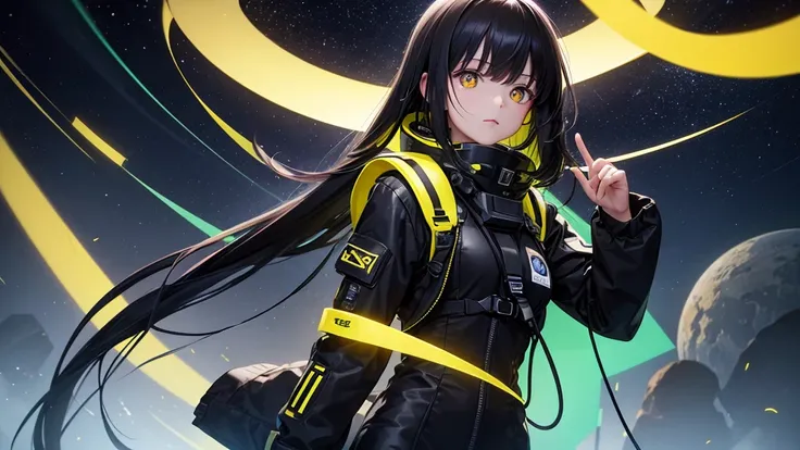 from future intelligence, technology background, complex mission, sudden mystery, unexpected result, unknown variables, strange data, confident look, space black pioneer dress, yellow eyes, black hair