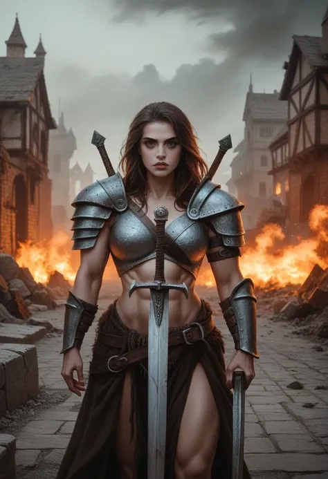 A sexy barbarian girl,extremely detailed eyes and face,beautiful detailed lips,longeyelashes,detailed facial features,muscular physique,revealing barbarian armor,holding a large sword,fierce expression,leading a barbarian horde,invading a village,medieval ...