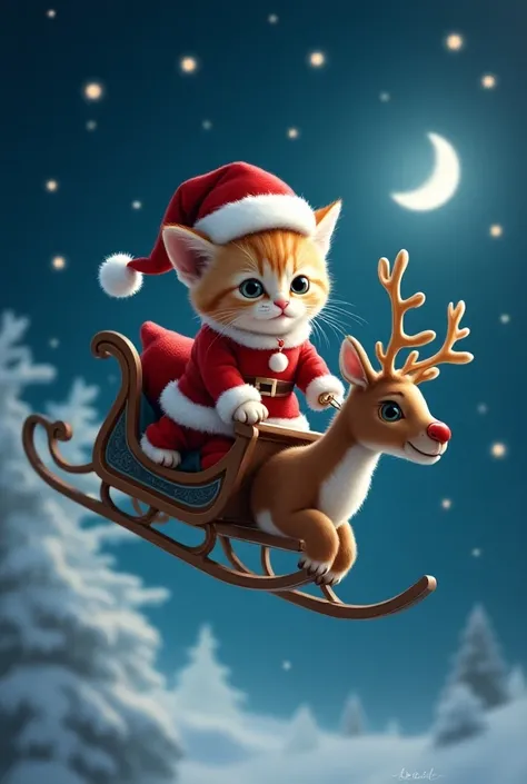 A kitten in a Santa costume is flying through the night sky on a reindeer sleigh