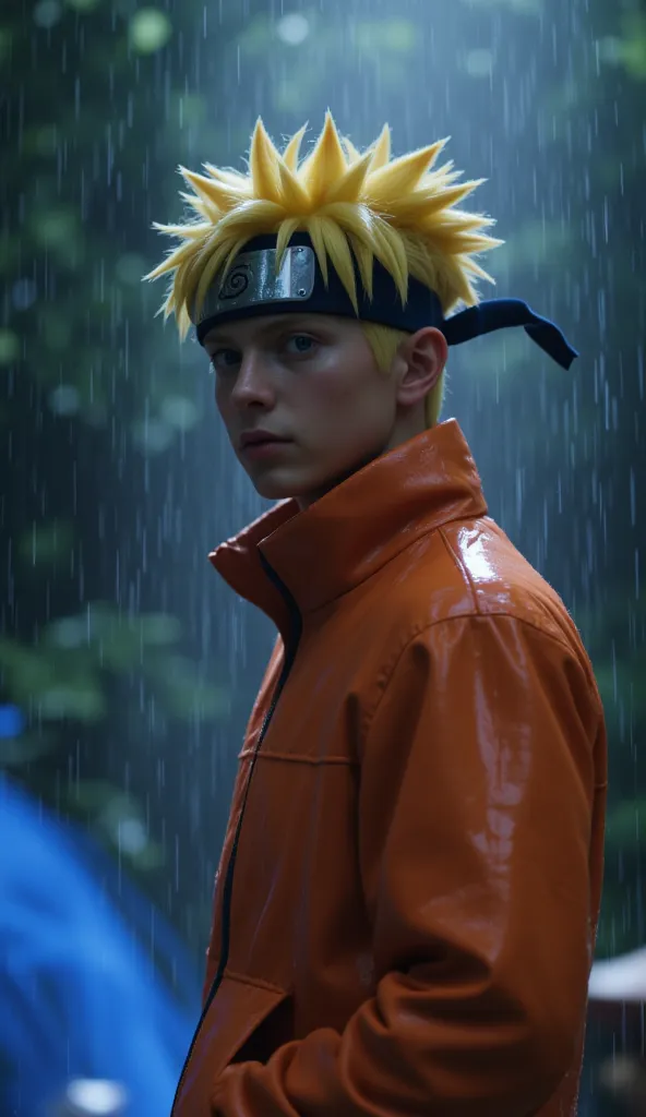 create naruto uzumaki in a medium shot, standing in heavy rain against a dark forest background. wearing wet orange jacket, wate...