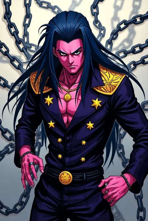  I would like you to create a man with long dark blue hair and pink skin, dark purple clothes and pendant details on the shoulder and forearm close to the hand. The pendant is a yellow star and he has black eyes ,  he has gray chains around his body and I ...