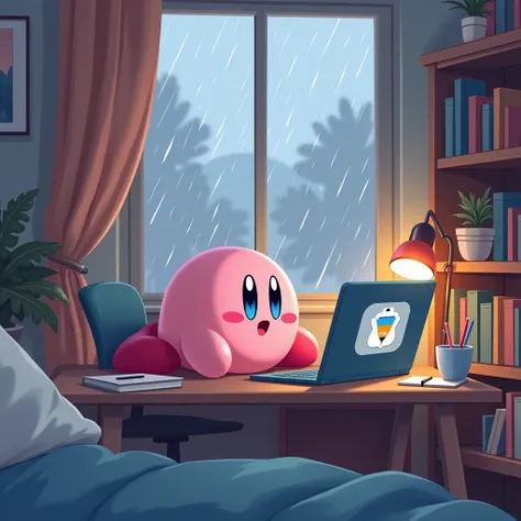 Make me an ebook cover with Kirby making a website on your notebook in your bedroom on a rainy day