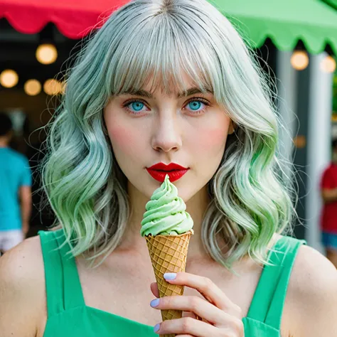 a close-up of a person holding an ice cream cone, sweet girl, woman with wavy silver hair, bangs, light blue eyes, red lips, tender green dress,