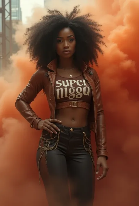 Create a heroine with lighter brown skin and place what she says in her costume on her chest "Super nigga" And let her come out with a smoke chamber 
