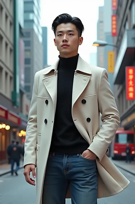  A handsome Chinese man with short black hair, black eyes, wearing a white coat and mens jeans , walking on the street.