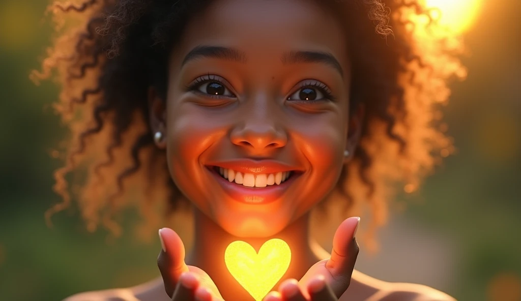 A close-up of a person with a genuine, joyful smile, surrounded by warm, golden light. The background is a simple, blurred nature setting, allowing the focus to be entirely on the expression of pure happiness. The person holds a small, glowing heart-shaped...