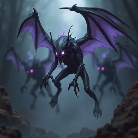 Full-body image of 3 Void Shredders, slender, airborne creatures with four serrated wings and spiked limbs for swift ambush attacks. They have needle-like teeth and hollow, mist-emitting eyes, with prominent purple veins across dark bodies. Background is d...