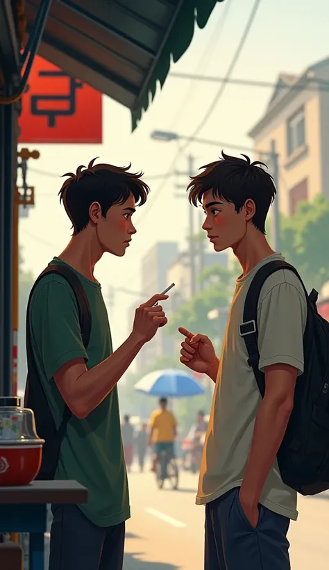 Two young men friend are at a roadside teastall. One offers the other to take cigarette happily l. But the other one refuses with hand. Make his expression that he feels distrusted. Make it realistic 