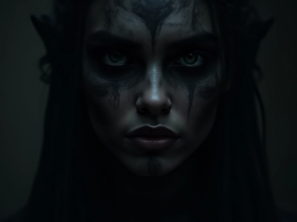 a close up of a woman with tattoos on her face, dark elf, fractalpunk, braided intricate hair, matte painting portrait shot, beautiful female android, pitchblack skin, she is dressed in shaman clothes, tattooed face, cryptopunk, heavy makeup