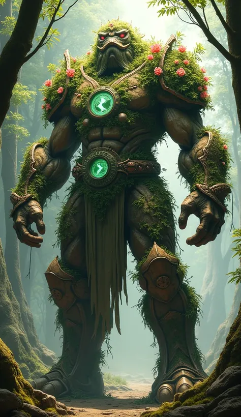 Terra Titan with Nature Armor
Prompt: "A colossal Terra Titan adorned with living armor made of intertwined vines, blooming flowers, and sturdy bark. Its skin has a rugged, earthy texture, resembling tree bark and rocky formations. The Titan stands amidst ...