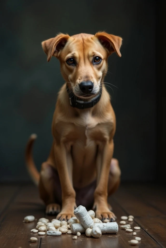 Dog, drug addict dog, old dog, dog in front of drugs
