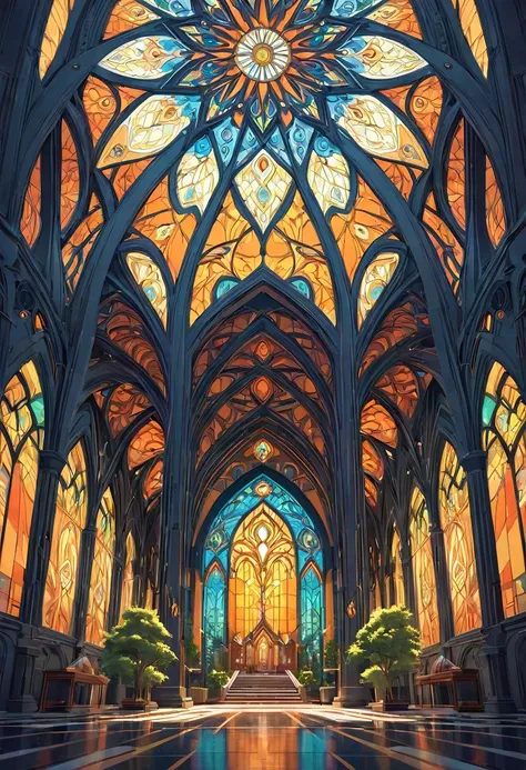 art deco: fantastic forest that looks like the inside of a church, trees, sky, animals, Abstract,Geometric pattern:linear,Artistic, intricate details. very detailed, Complex motifs, organic tracery, perfect composition, digital painting, art station, conce...