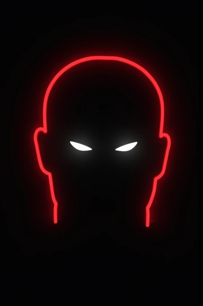 Logo: Silhouette of a face without ears on a black background with an outer outline in red neon style and white eyes