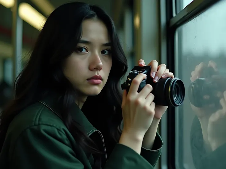 A young woman in her late 20s, with long black hair and expressive dark brown eyes, holding a camera discreetly as she peers out of a train window with a look of curiosity. Wearing a dark green jacket, her serious face reflects suspense, while the soft, lo...