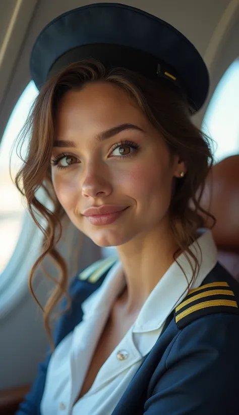 Beautiful woman, brunette, chubby, cute face, light eyes, waist close-up, airplane pilot uniform, backdrop with sugar loaf in the background. Ultra-detailed, realistic, photorealistic Cinematic, photorealistic, realism, By Sasan