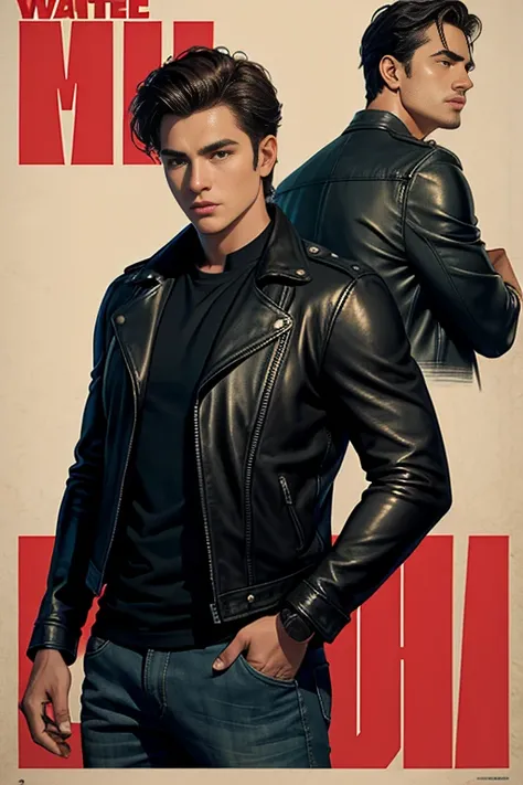 movie poster, a comic, young guy in a leather jacket 