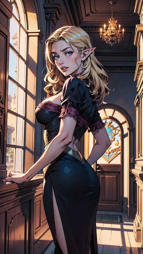 8k hi-Definition hyper realistic: high-res,  masterpiece, high quality, best aesthetics, fantasy setting. An 18-year-old elf princess with long, curly blonde hair and violet eyes. She stands in a beautiful palace in Baldurs Gate, wearing a beautiful black ...