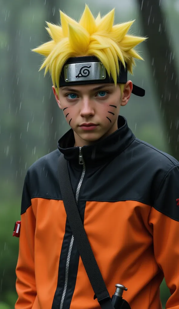 naruto uzumaki, age 16, portrait from chest to hips, wearing orange and black jacket with zipper, ninja tool pouch, young ninja ...