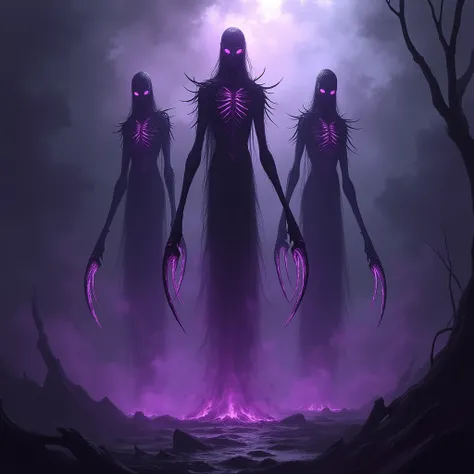 Full-body image of 3 Void Stranglers, tall, gaunt figures with eight arms that stretch unnaturally. Their arms are long and thin, each tipped with razor-sharp Void-infused blades. Their torsos are distorted and stretched, veins of purple energy flowing acr...