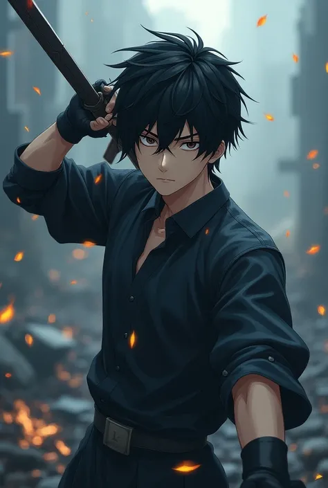 black hair, Closed mouth, serious, kuudere,  misaki mei man, delgado, Multiverseal anime war,fencer 