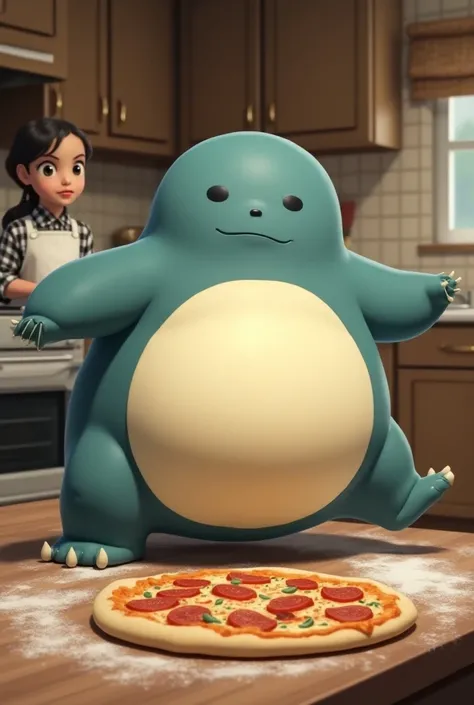 Create a photo where in the foreground a snorlax dancing dancing and in the background a girl making a pizza