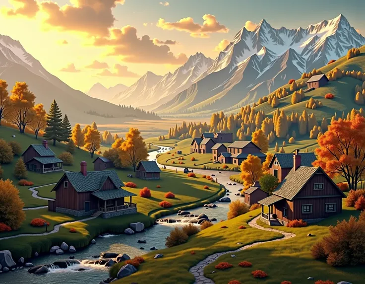 The old Russian village ,  on the most picturesque landscape in the rays of the setting sun