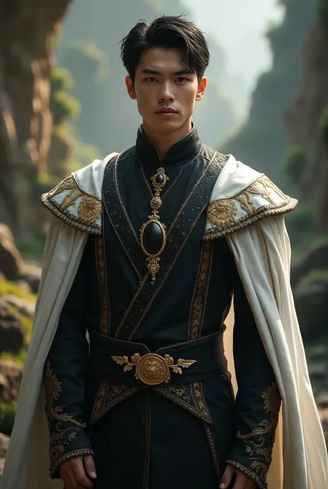  A young man wearing a traditional Caucasian costume with a black and white color decorated with gold, a fantasy world style, a good physique, a handsome young man, dark hair, serious looks