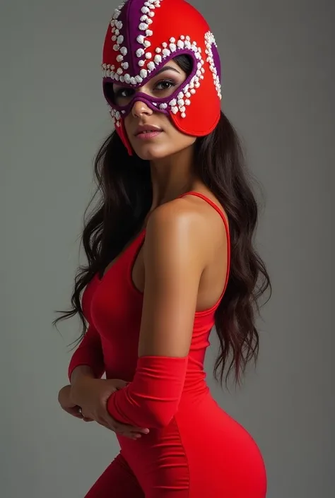  Create a full body image of a woman with a curvaceous and attractive figure, wearing Mexican wrestling hat,  with stylized openings around the eyes and decorated in purple with white details. This hood completely covers your head ,  leaving only the face ...